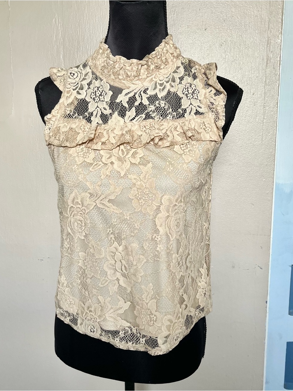 Tan high neck floral lace blouse